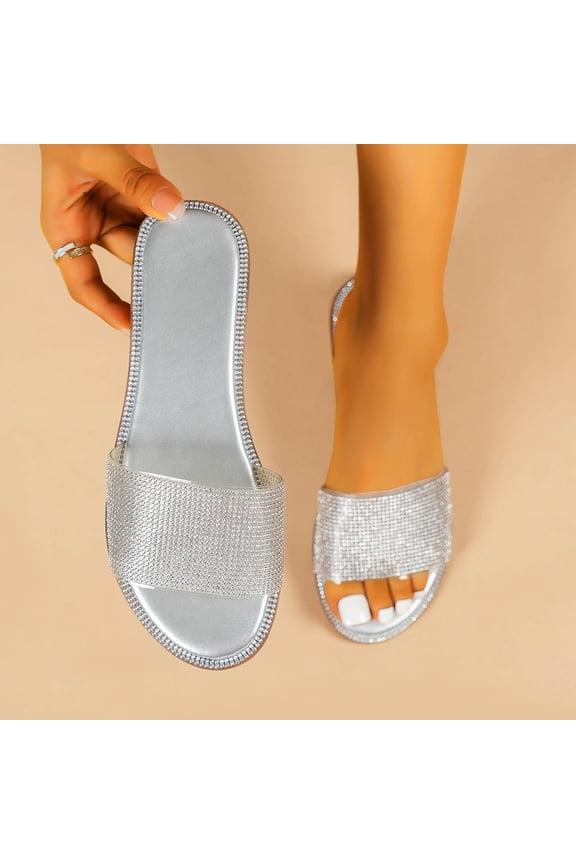 Slippers for Womens Sandals, Women's New Fashion Slip On Rhinestone Large Size Flat Slides Sandals, Summer Beach Flat Dress Sandals Silver