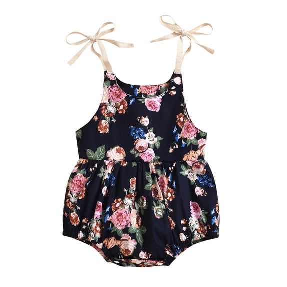 TUOBARR Summer Baby Girls Flowers Straps Sleeveless Jumpsuit Casual Bodysuit Clothes Black (0-24Months)
