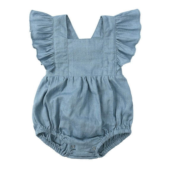 TUOBARR Toddler Baby Girls Fashion Cute Solid Color Cotton Linen Ruffles Backless Jumpsuit Romper Blue (3-24Months)