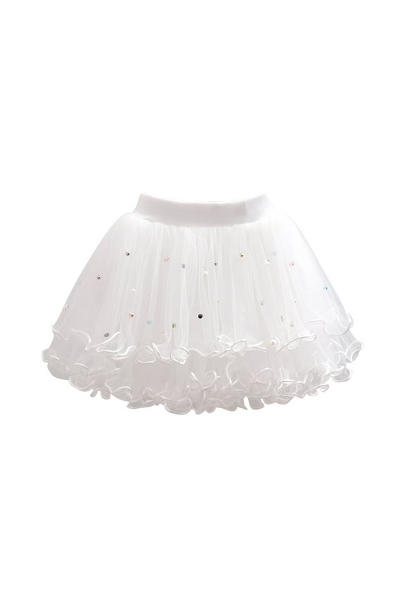 Toddler Dress Toddler Girls Cute Party Dance Costume Splice Solid Color Net Yarn Crimping Pearl Sequins Tulle Skirt Girls Tutu Skirt,White
