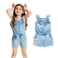 thumbnail image 1 of TUOBARR Toddler Girl Summer Outfits Newborn Toddler Baby Girl Clothes Rompers Denim Blue Cotton Washed Jeans Sleeveless Bow Jumpsuit Blue 1-2 Years, 1 of 5