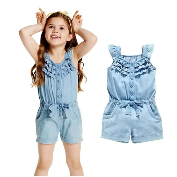 TUOBARR Toddler Girl Summer Outfits Newborn Toddler Baby Girl Clothes Rompers Denim Blue Cotton Washed Jeans Sleeveless Bow Jumpsuit Blue 1-2 Years