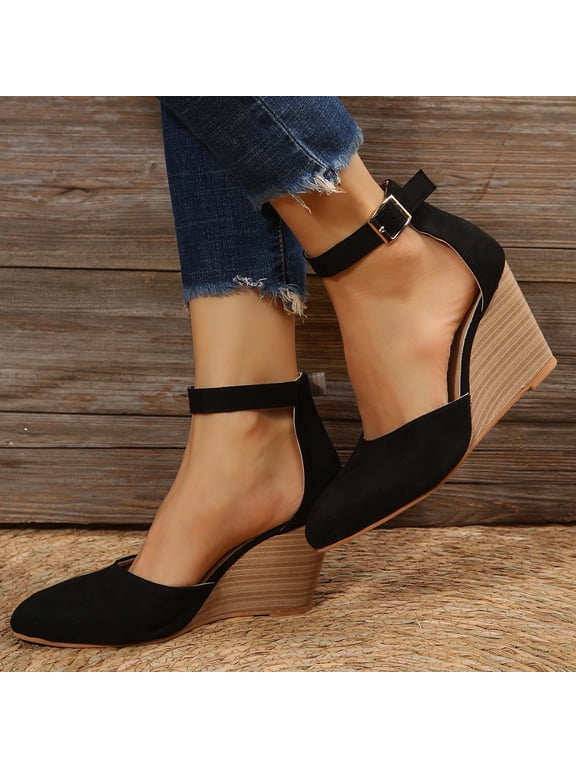 Wedge Sandals, Women's Closed Toe Buckle Strap Wedge Sandals Black