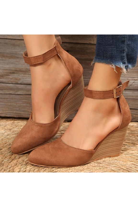 Wedge Sandals, Women's Closed Toe Buckle Strap Wedge Sandals Brown