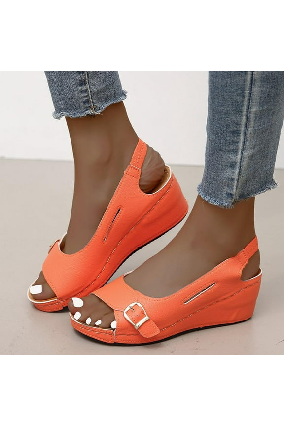 Wedge Platform Sandals, Women's Elastic Ankle Strap Low Wedges Sandals Orange