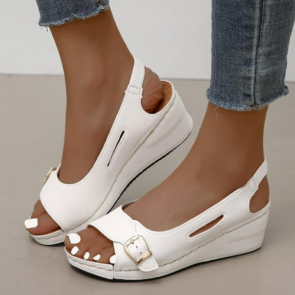 TUOBARR Wedge Platform Sandals, Women's Elastic Ankle Strap Low Wedges Sandals White