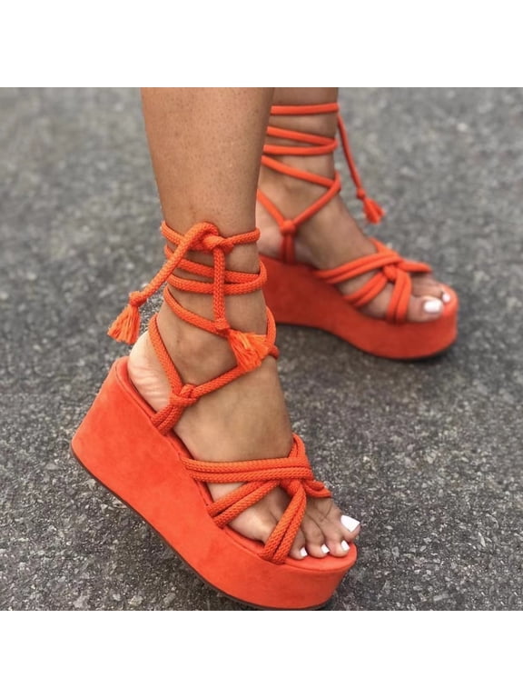Wedge Sandals, Women's Open Toe Ankle Strap Casual Flatform Sandals Orange