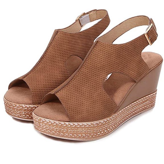 TUOBARR Wedge Platform Sandals, Women's Open Toe Buckle Ankle Strap Platform Wedge Sandals Brown