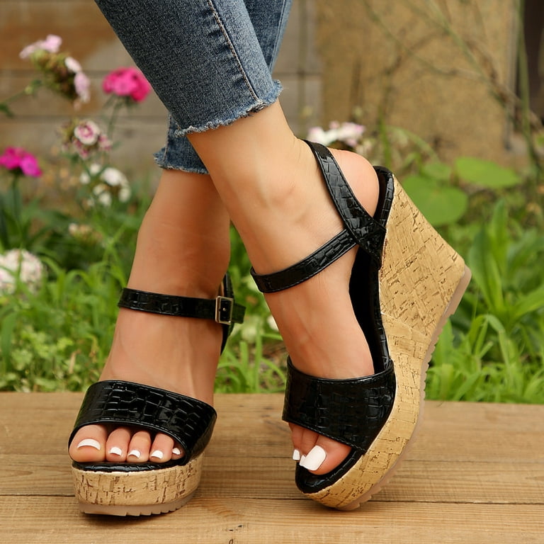 TUOBARR Wedge Sandals Women, Womens Open Toe Dressy Platform Sandals Slip  on Buckle Ankle Strap Wedges Sandals, Fashion Casual Beach Shoes Black