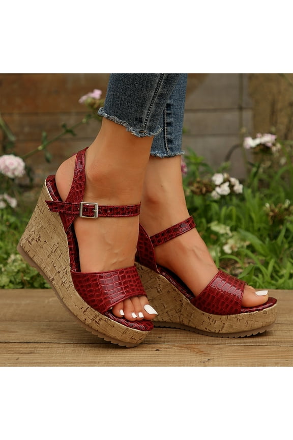Wedge Sandals Women, Womens Open Toe Dressy Platform Sandals Slip on Buckle Ankle Strap Wedges Sandals, Fashion Casual Beach Shoes Red