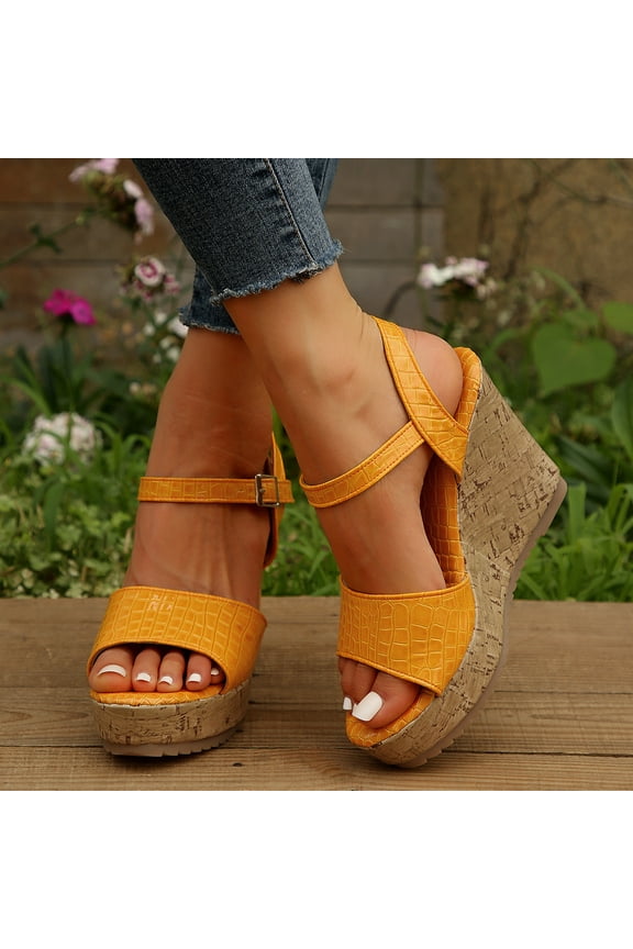 Wedge Sandals Women, Womens Open Toe Dressy Platform Sandals Slip on Buckle Ankle Strap Wedges Sandals, Fashion Casual Beach Shoes Yellow