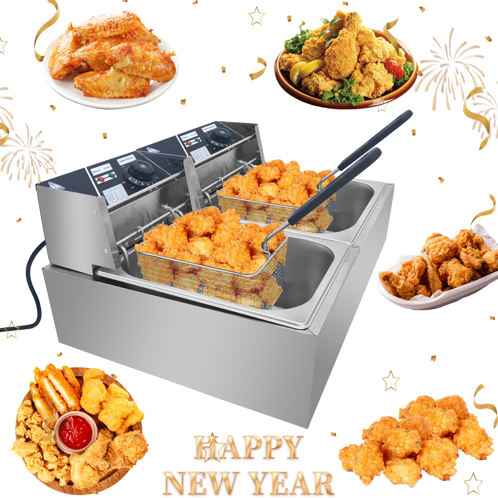 24L 5000W Stainless Steel Electric Deep Fryer Countertop Dual Tank Basket  Commercial Restaurant 