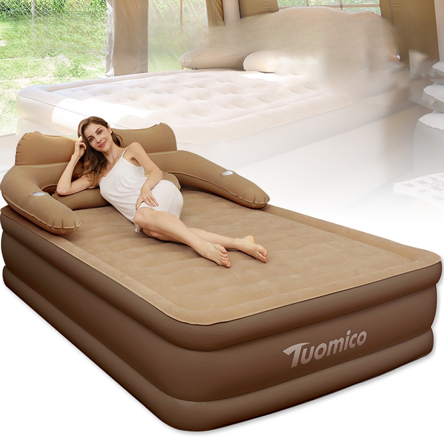 TUOMICO 18" Queen Size Travel Air Mattress, Inflatable Airbed Mattress