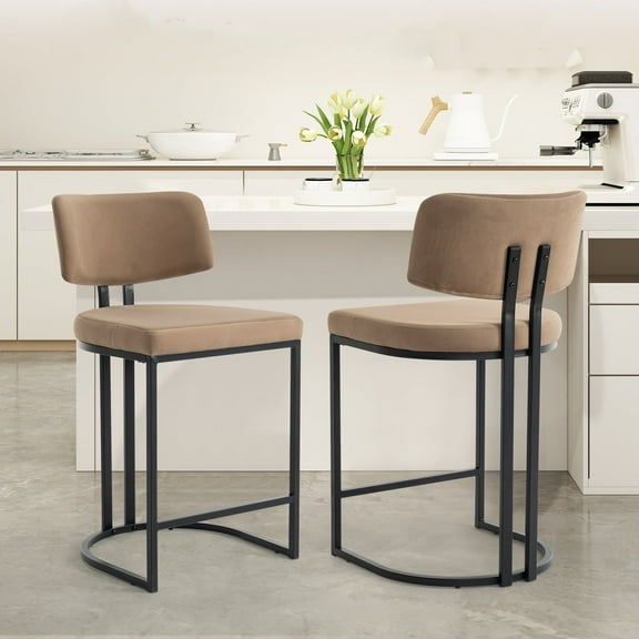 Rongbuk Modern Barrel Bar Stools Set of 2, Counter Height Stools 26 Inch Velvet Counter Stool, Modern Barrel Bar Stool with Comfy Back, Sherpa Upholstered Kitchen Island Chair