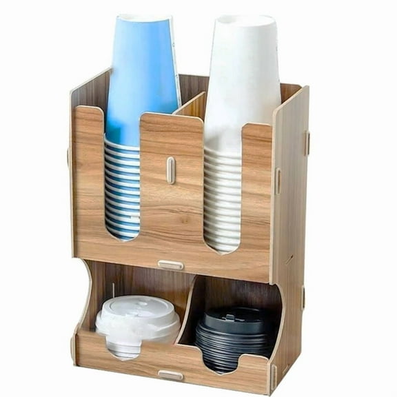 TUOOWO 4 Compartment Upright Breakroom Coffee Condiment and Cup Storage Organizer Cherry Wood Color