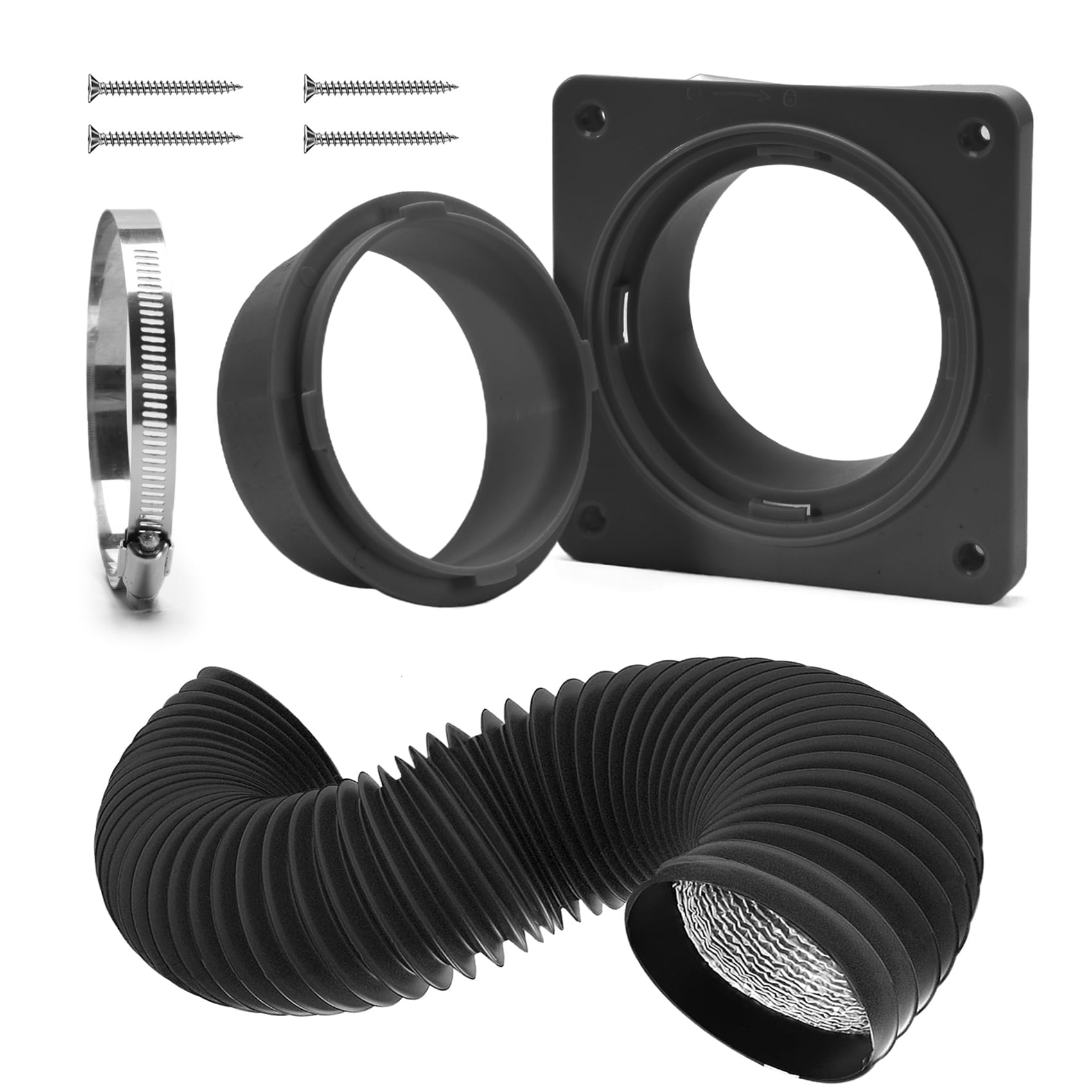 TUOOWO Dryer Vent Wall Plate Quick Connector Snap to Vent Dryer Dock Connector Kit with 4in-5ft Black Duct