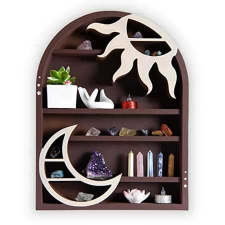 TUOOWO Moon & Sun Crystal Shelf Display - Wooden Crescent Moon Shelf Crystal Holder for Stone Display - Moon Wall Decor for Spiritual, Hippie, or Witch Room - Zen Wall Decor Arch Shelf