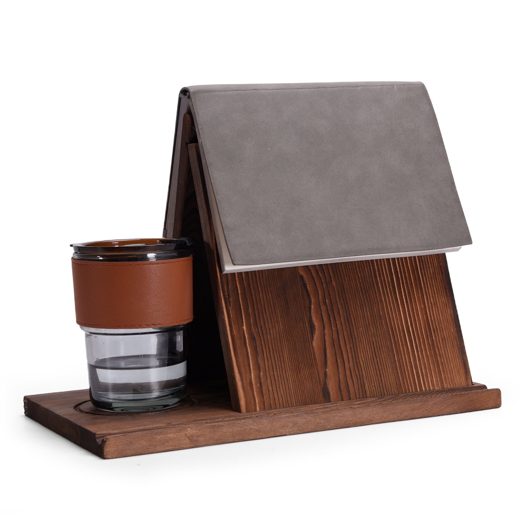 TUOOWO Wood Triangle Book Stand - Unique Book Nook Reading Valet - Wooden Book Holder Stand for Page Rest - Nightstand Book Rest Holder with Cup, Glasses, iPad & Pen Holder for Book Lovers