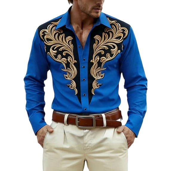 TUOYUAN Mens 3D Western Cowboy Print Long Sleeve Shirt Casual Button Down Top,Blue,SIZE:S