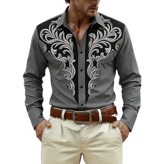 TUOYUAN Mens 3D Western Cowboy Print Long Sleeve Shirt Casual Button Down Top,Grey,SIZE:XXL