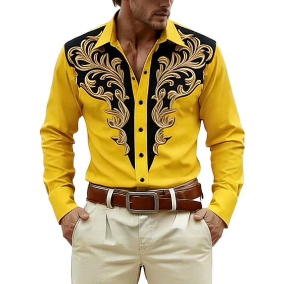 TUOYUAN Mens 3D Western Cowboy Print Long Sleeve Shirt Casual Button Down Top,Yellow,SIZE:XL