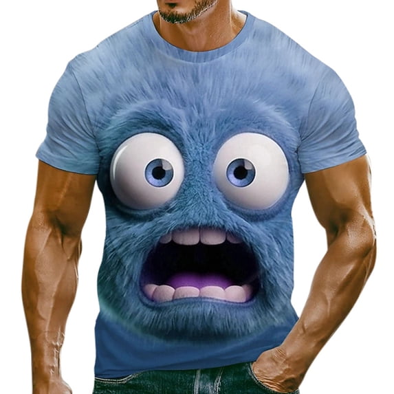 TUOYUAN Mens Funny Face Expression Short Sleeve T Shirt Novelty Casual Top,Blue,SIZE:L
