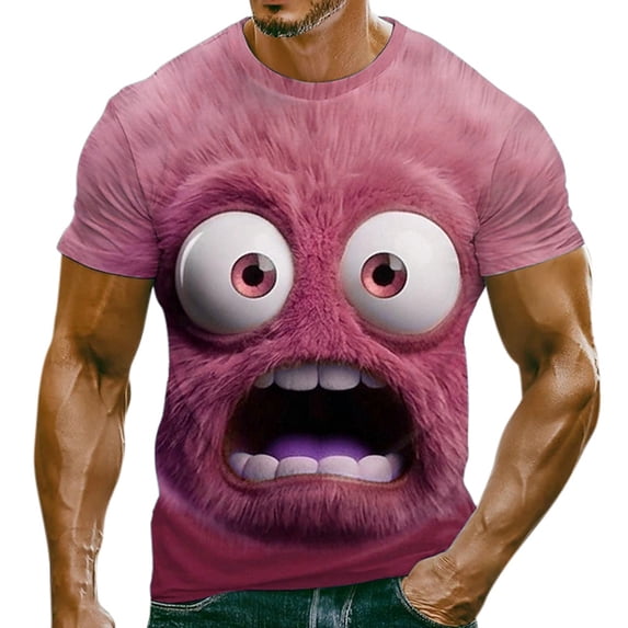 TUOYUAN Mens Funny Face Expression Short Sleeve T Shirt Novelty Casual Top,Hot Pink,SIZE:XL