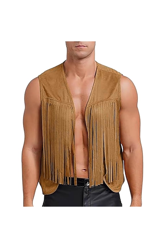 Mens Hippie Faux Suede Fringe Vest Sleeveless Western Bohemian Festival Jacket,Brown,SIZE:XXL
