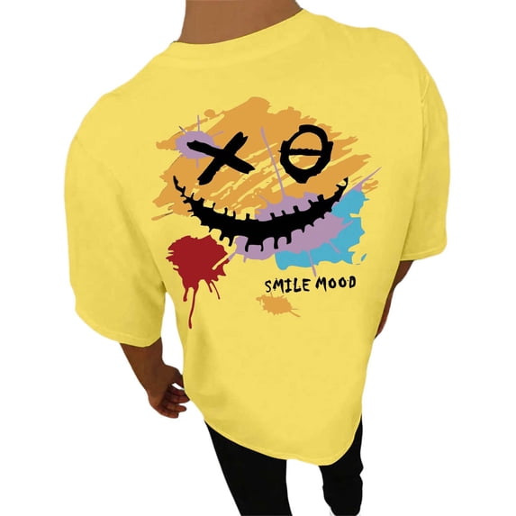 TUOYUAN Mens Letter and Face Print Short Sleeve T Shirt Casual Crew Neck Summer Top,Yellow,SIZE:L