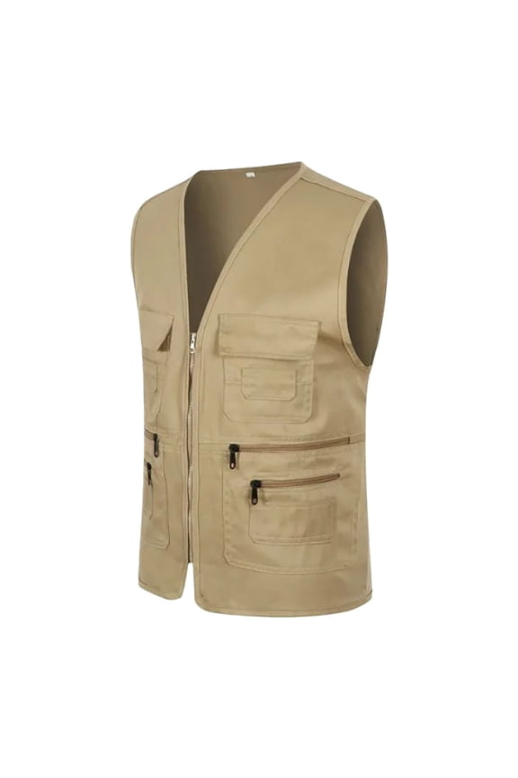 Mens Multi Pocket Work Cargo Vest Lightweight Outdoor Utility Sleeveless Jacket,Khaki,SIZE:L