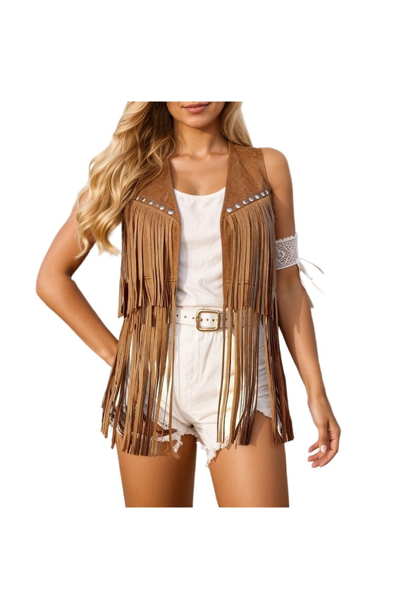 Womens Faux Suede Fringe Vest Sleeveless Open Front Boho Jacket Casual Fall Layering Piece,Khaki,SIZE:M