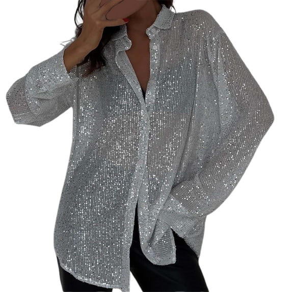 TUOYUAN Womens Plus Size Sequined Blouse Lapel Long Sleeve Sparkly Shirt Jacket Going Out Top Fall Winter,Silver,SIZE:M