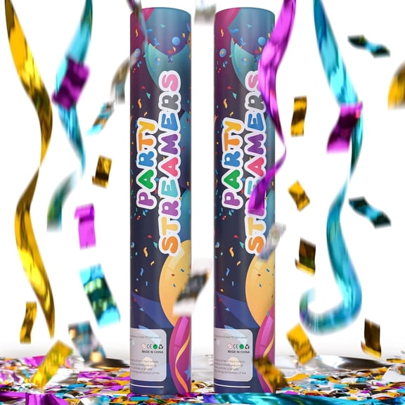 TUR Multicolor No Mess Streamer Confetti Cannon Poppers 2-Pack, Birthday, Wedding, Party Decorations 12-Inch