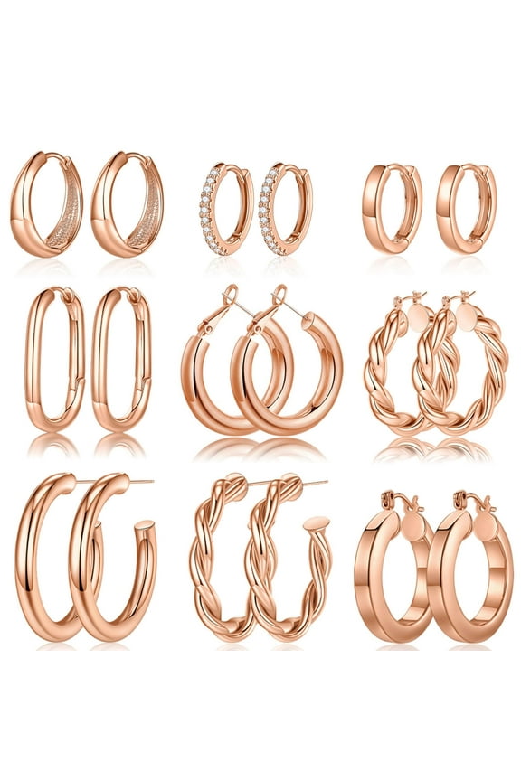 IEFSHINY 9 Pairs Gold Hoop Earrings for Women 14K Gold Plated Small Chunky Earrings Set No Tanish Jewelry Gifts for Women