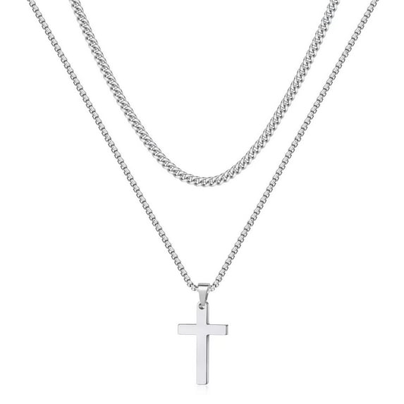 TURANDOSS Cross Necklace for Men Mens Cross Necklaces Stainless Steel Layered Chain Cross Pendant Necklace Cuban Link Chain for Men Gold Chain for Men Women Jewelry Gifts