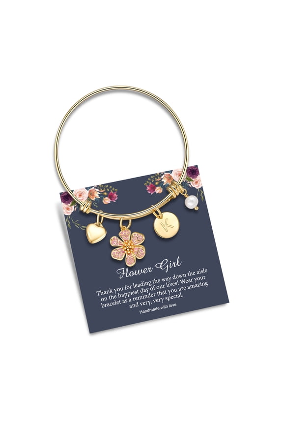 Flower Bracelets for Girls KiDs 14K Gold Plated Stainless Steel Dainty Disc Initial Charms Bracelet for Little Girls JR Bridesmaid Gifts