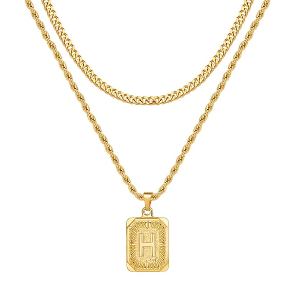 TURANDOSS Gold Initial Necklace for Men Women 18K Gold Plated Layered Cuban Link Chain Rope Chain 18-20 Inch Square Pendant Stainless Steel Necklace for Men Jewelry Gifts