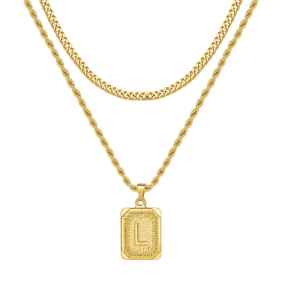 TURANDOSS Gold Initial Necklace for Men Women 18K Gold Plated Layered Cuban Link Chain Rope Chain 18-20 Inch Square Pendant Stainless Steel Necklace for Men Jewelry Gifts