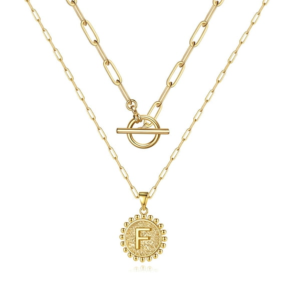 TURANDOSS Gold Initial Necklaces for Women, 14K Real Gold Plated Paperclip Chain Necklace Layered Necklace Set for Women