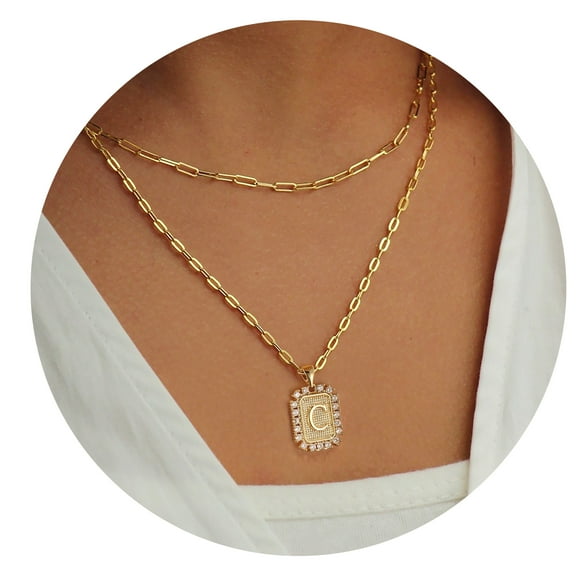 IEFSHINY Gold Initial Necklaces for Women, Layered Paperclip Chain Necklace Cute Square Pendant Necklace for Women