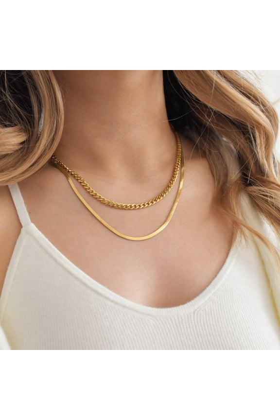 TURANDOSS Gold Layered Chain Necklaces for Women, Dainty 14K Gold Plated Cuban Link Chain Snake Necklace for Women Layering Snake Chain Jewelry Gifts