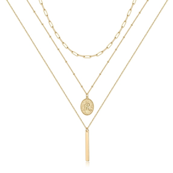 AUNOOL Gold Layered Initial Necklaces for Women 14K Gold Plated Coin Letter Necklace Layering Paperclip Chain Bar Necklace Layered Necklaces for Women Jewelry Gifts