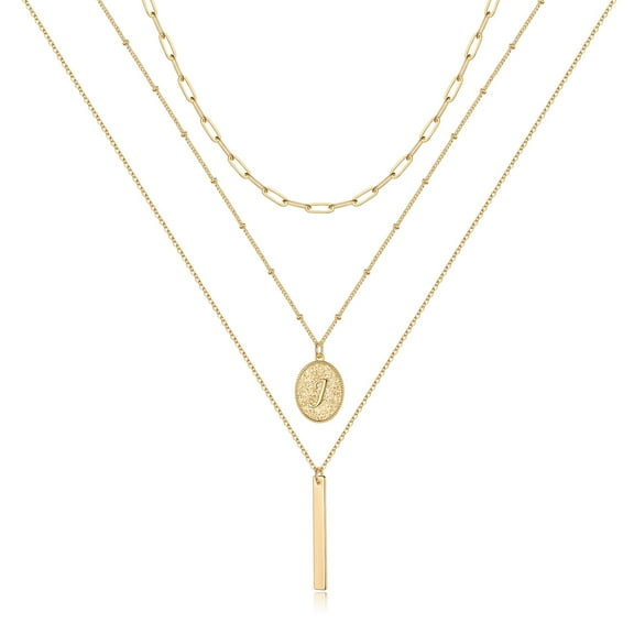 AUNOOL Gold Layered Initial Necklaces for Women 14K Gold Plated Coin Letter Necklace Layering Paperclip Chain Bar Necklace Layered Necklaces for Women Jewelry Gifts