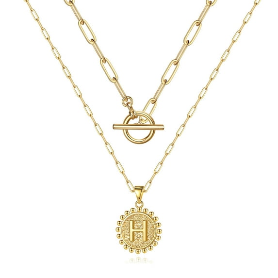 IEFSHINY Gold Layered Initial Necklaces for Women 14K Gold Plated Paperclip Chain Necklace Coin Initial Necklaces Gold Choker Necklaces for Women Jewelry Gifts