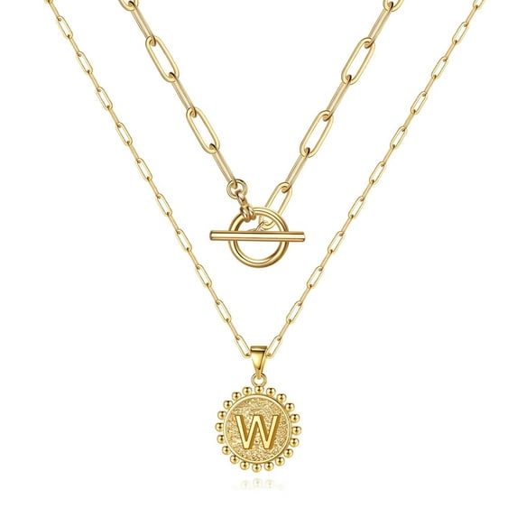 IEFSHINY Gold Layered Initial Necklaces for Women 14K Gold Plated Paperclip Chain Necklace Coin Initial Necklaces Gold Choker Necklaces for Women Jewelry Gifts