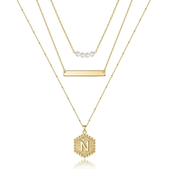 TURANDOSS Gold Layered Initial Necklaces for Women 14K Gold Plated Bar Hexagon Letter Pendant Pearls Choker Necklace for Women