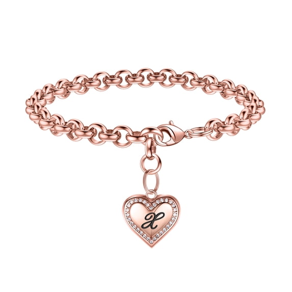 TURANDOSS Heart Initial Charm Bracelets for Women Rose Gold Plated 316L Stainless Steel Letter Charm Bracelets for Women Bracelets for Teen Girls