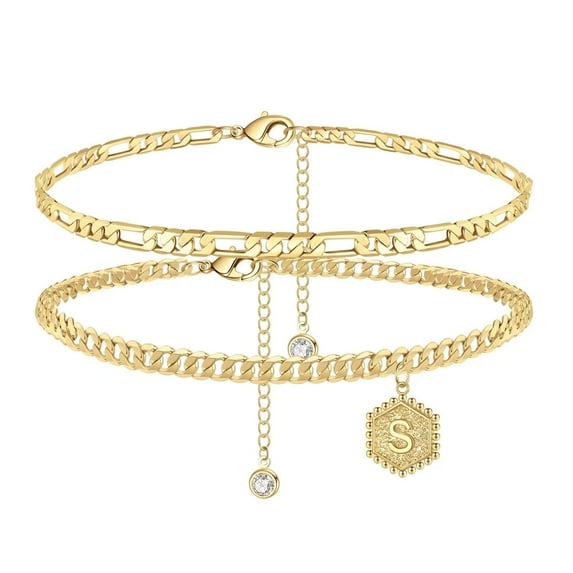 TURANDOSS Initial Ankle Bracelet for Women 14K Gold Plated Handmade Double Layered Anklet Jewelry Gifts for Women