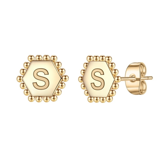 TURANDOSS Initial Earrings for Women S925 Sterling Silver Post Gold Plated Cute Earrings Hypoallergenic Hexagon Stud Earrings for Women Earrings for Women Jewelry