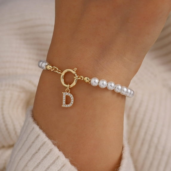 IEFSHINY Initial Pearl Bracelets for Women Dainty CZ Personalized Pearl Initial Bracelets for Women